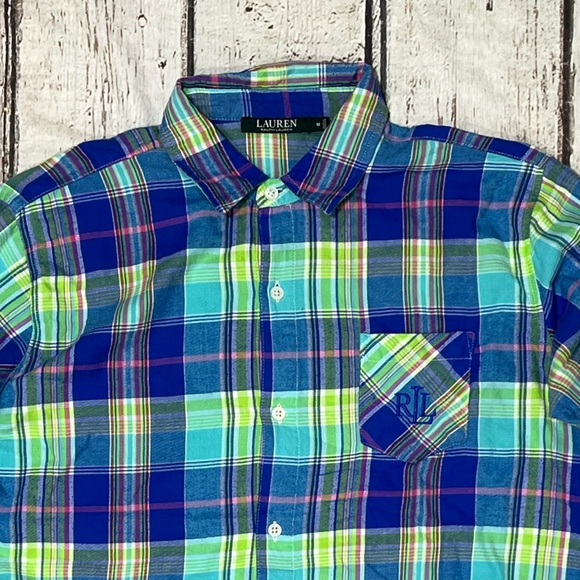 Lauren Polo Ralph Lauren Monogram Women's Plaid Button Down Preppy Bed Shirt - Picture 2 of 5